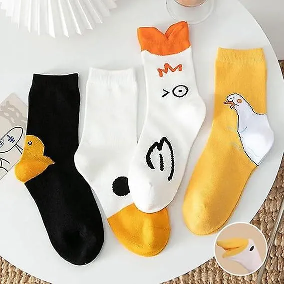 4 Pairs Duck Socks, Duck Printed Cartoon Cute Socks, Funny Goose Head Cotton Socks for Women Men
