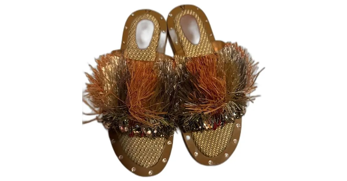 AUTRE MARQUE SANCHITA  MULAS DE PAJA , PERLAS Y PEDRERIA PLATA BEIGE CAMELLO 