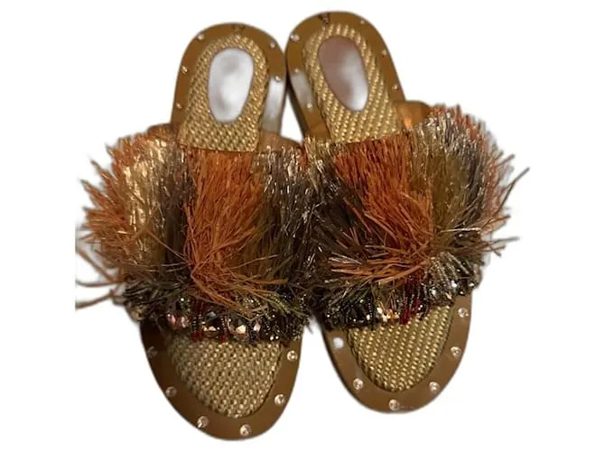 AUTRE MARQUE SANCHITA  MULAS DE PAJA , PERLAS Y PEDRERIA PLATA BEIGE CAMELLO 