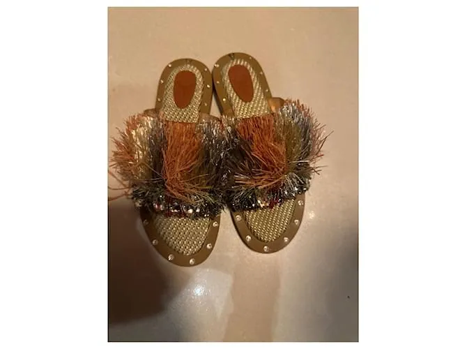 AUTRE MARQUE SANCHITA  MULAS DE PAJA , PERLAS Y PEDRERIA PLATA BEIGE CAMELLO 