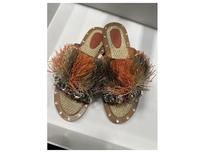 AUTRE MARQUE SANCHITA  MULAS DE PAJA , PERLAS Y PEDRERIA PLATA BEIGE CAMELLO 