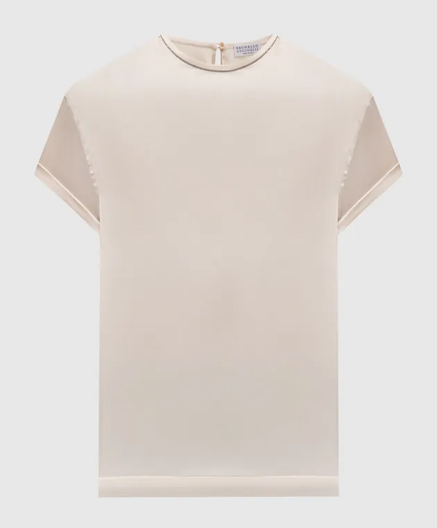 Brunello Cucinelli Beige silk blouse with monil ecolathoon chain