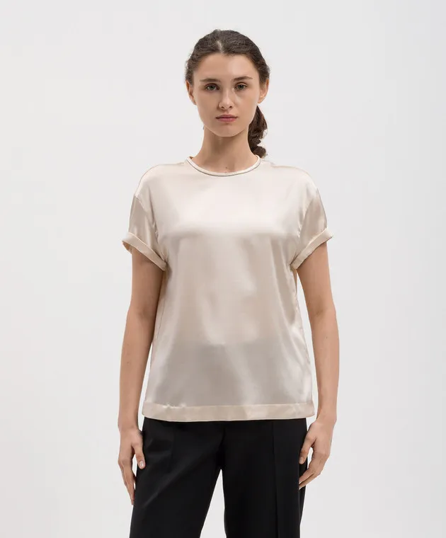 Brunello Cucinelli Beige silk blouse with monil ecolathoon chain