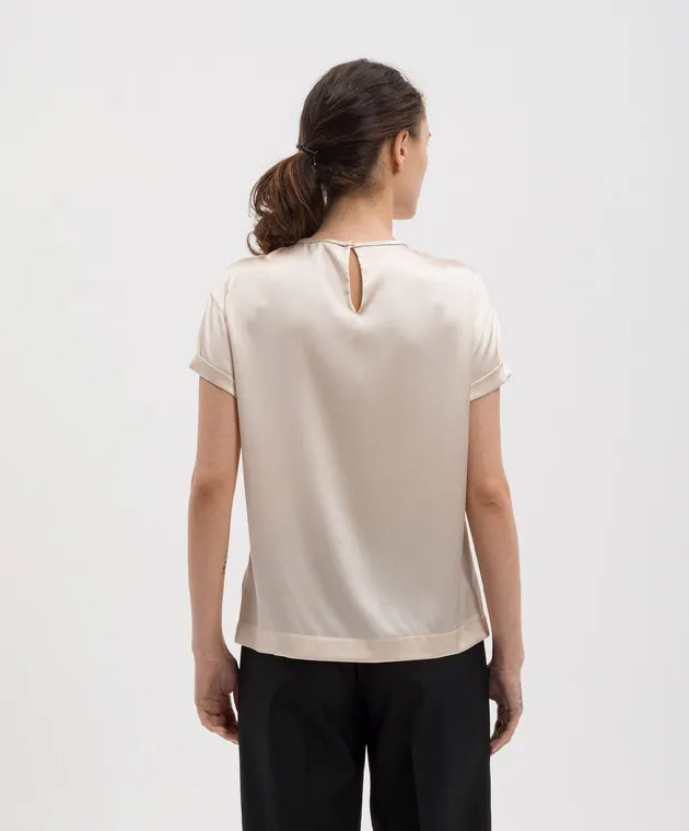 Brunello Cucinelli Beige silk blouse with monil ecolathoon chain