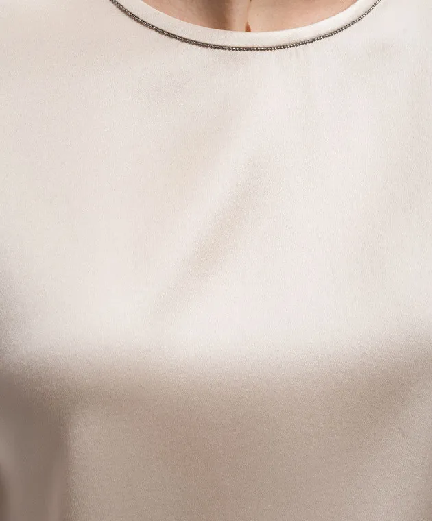 Brunello Cucinelli Beige silk blouse with monil ecolathoon chain