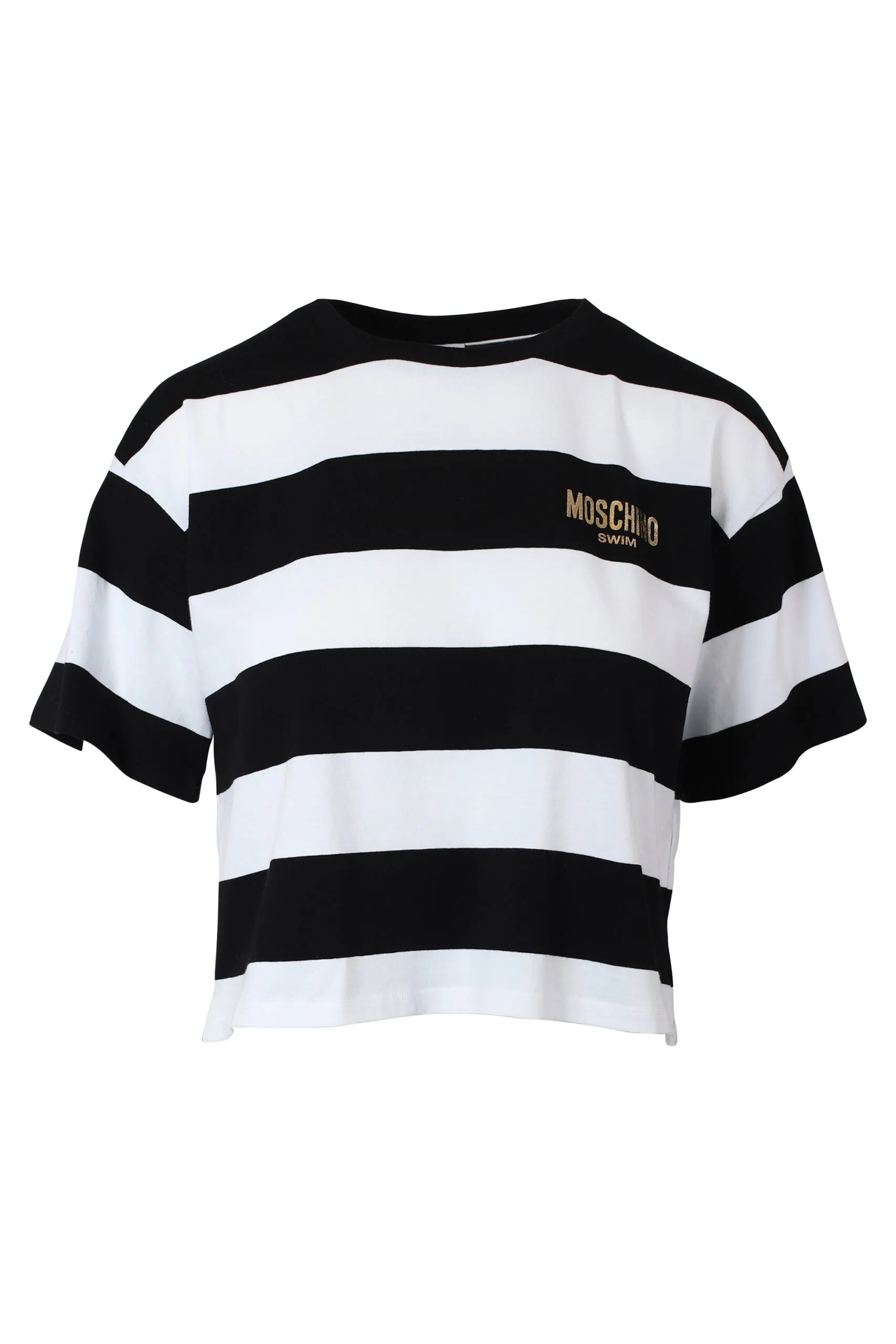 Camiseta bicolor de rayas blancas y negras con minilogo dorado