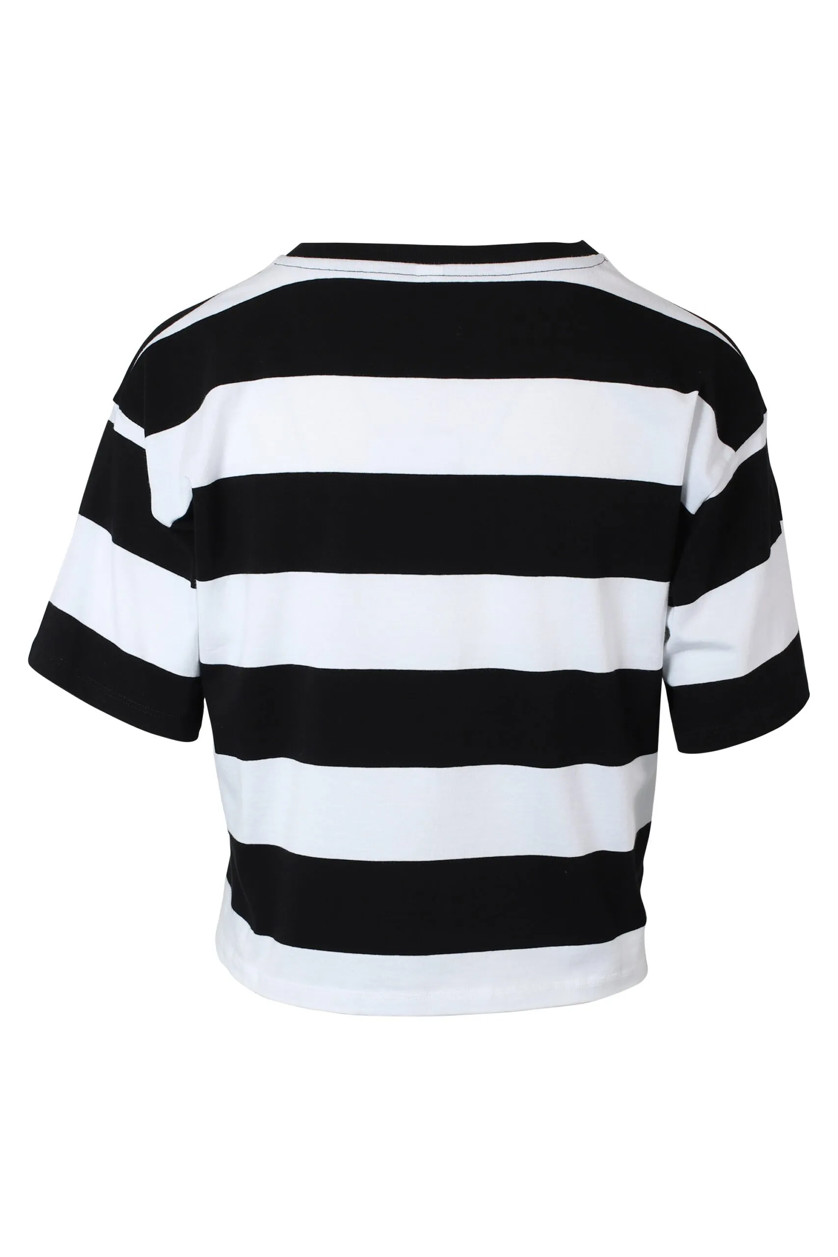 Camiseta bicolor de rayas blancas y negras con minilogo dorado