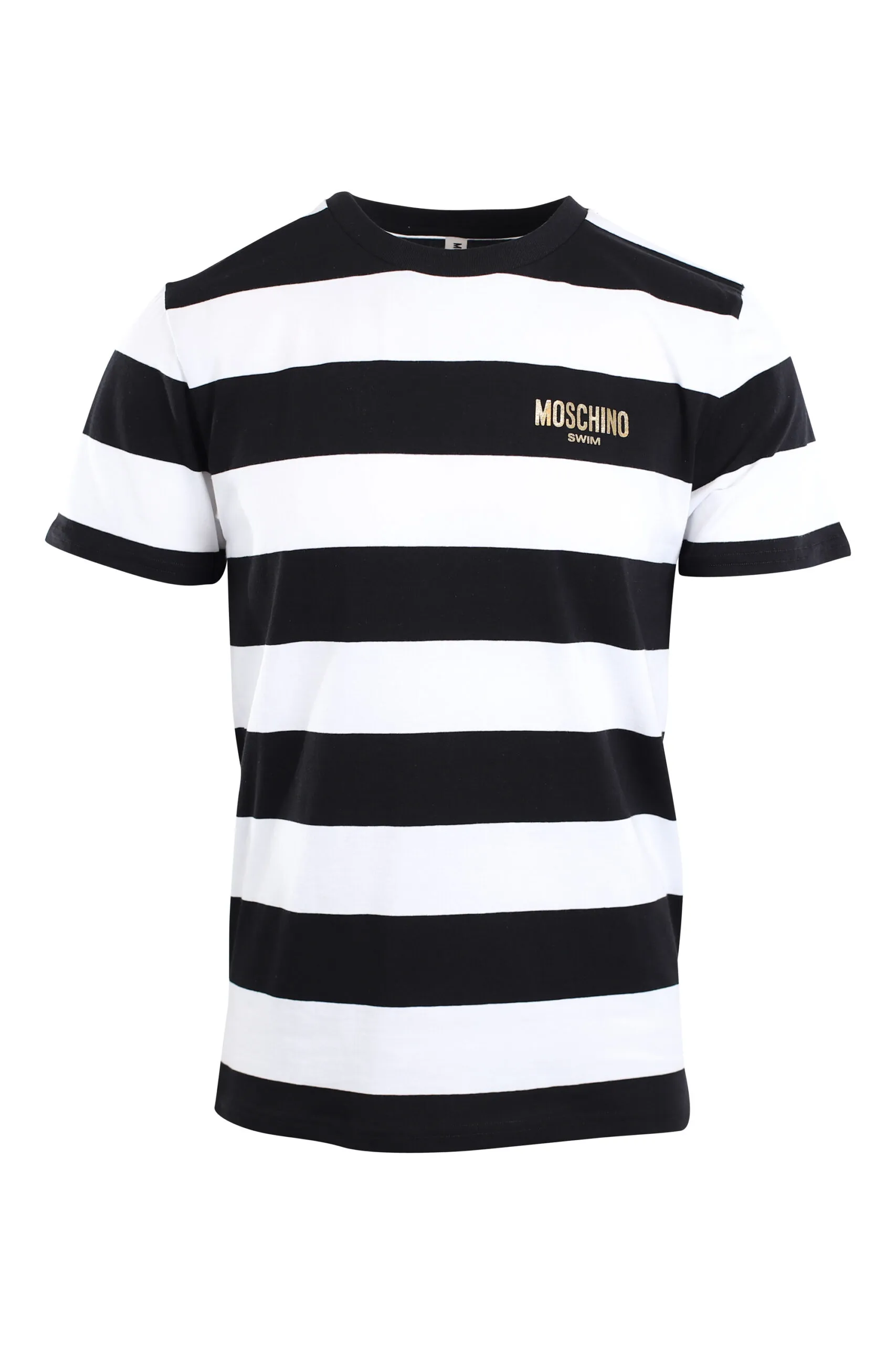 Camiseta de rayas blancas y negras con minilogo dorado 