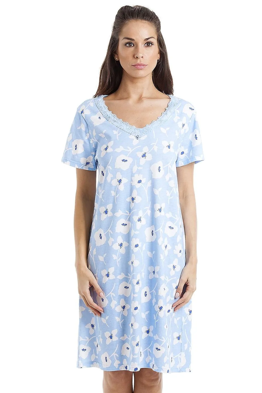 Camisón de algodón azul claro con estampado floral blanco Camille para mujer