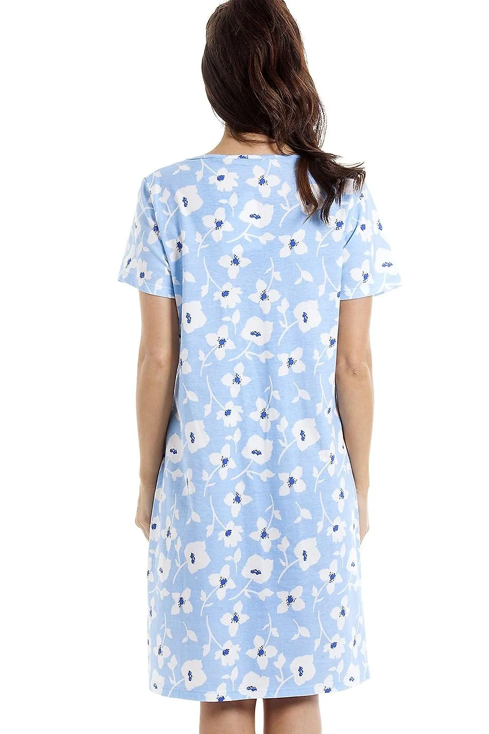 Camisón de algodón azul claro con estampado floral blanco Camille para mujer