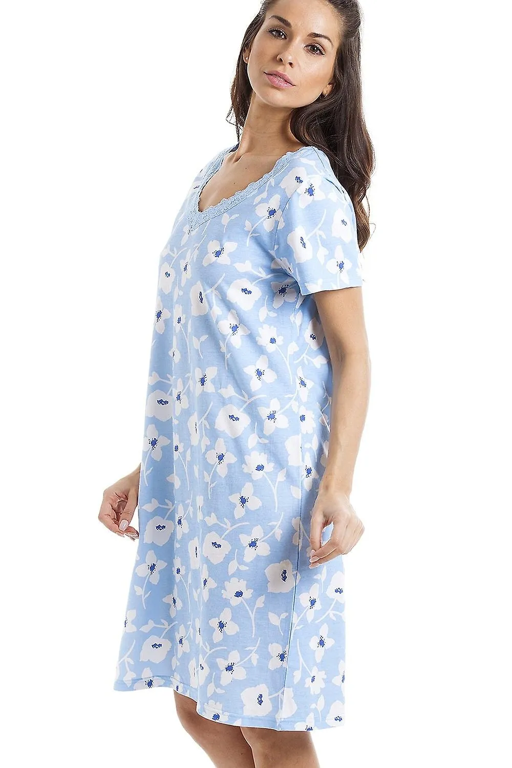 Camisón de algodón azul claro con estampado floral blanco Camille para mujer