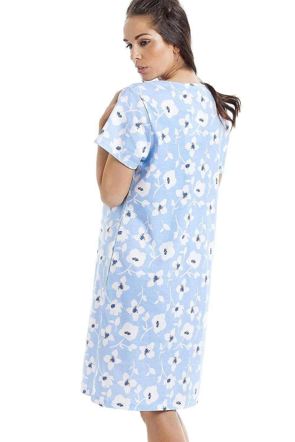 Camisón de algodón azul claro con estampado floral blanco Camille para mujer
