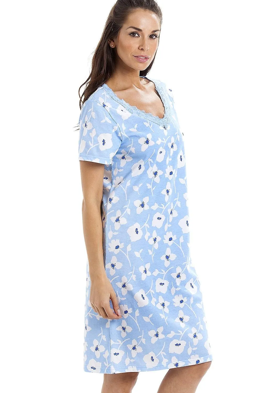 Camisón de algodón azul claro con estampado floral blanco Camille para mujer
