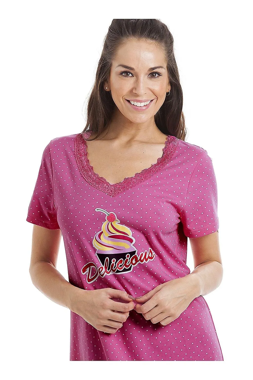 Camisón de algodón rosa fucsia Camille White Polka Dot Delicious para mujer