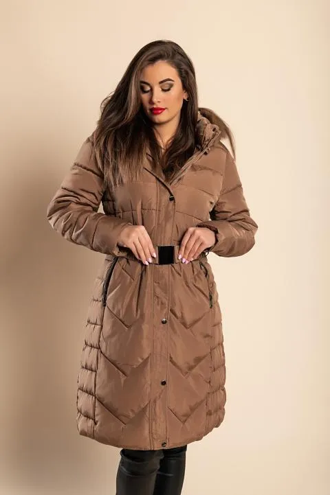 Chaqueta acolchada más larga con capucha talla grande, camel