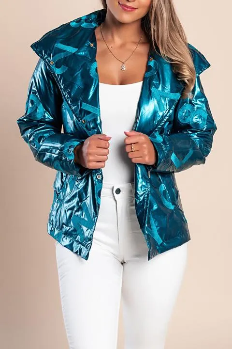 Chaqueta corta con parches en forma de números, petróleo