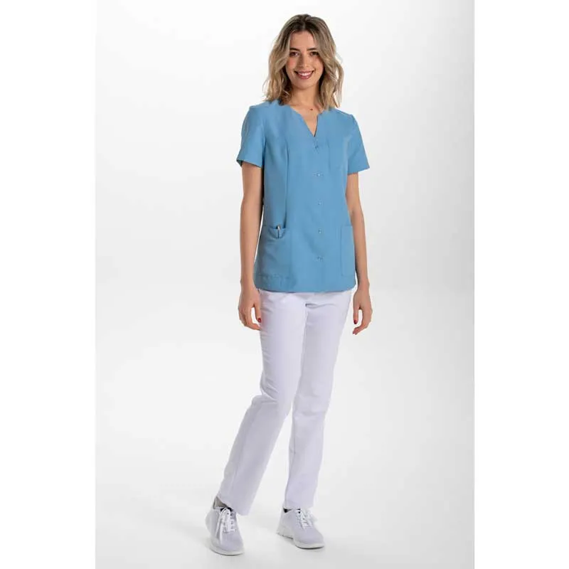 CHAQUETA ENTALLADA CON CORCHETES AZUL DENIM CUELLO LLAVE  DYNEKE