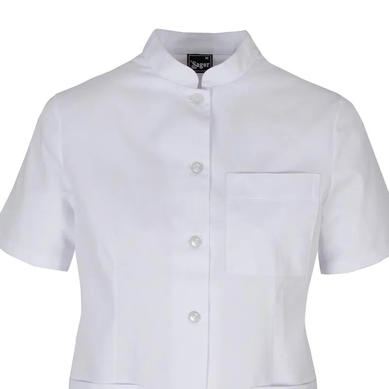 CHAQUETA ENTALLADA DE MUJER BLANCA CON BOTONES Y CUELLO MAO  SAGER