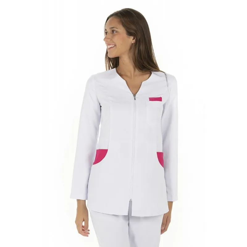 CHAQUETA LABORAL MICROFIBRA DE MUJER MANGA LARGA BLANCA Y FUCSIA  DYNEKE