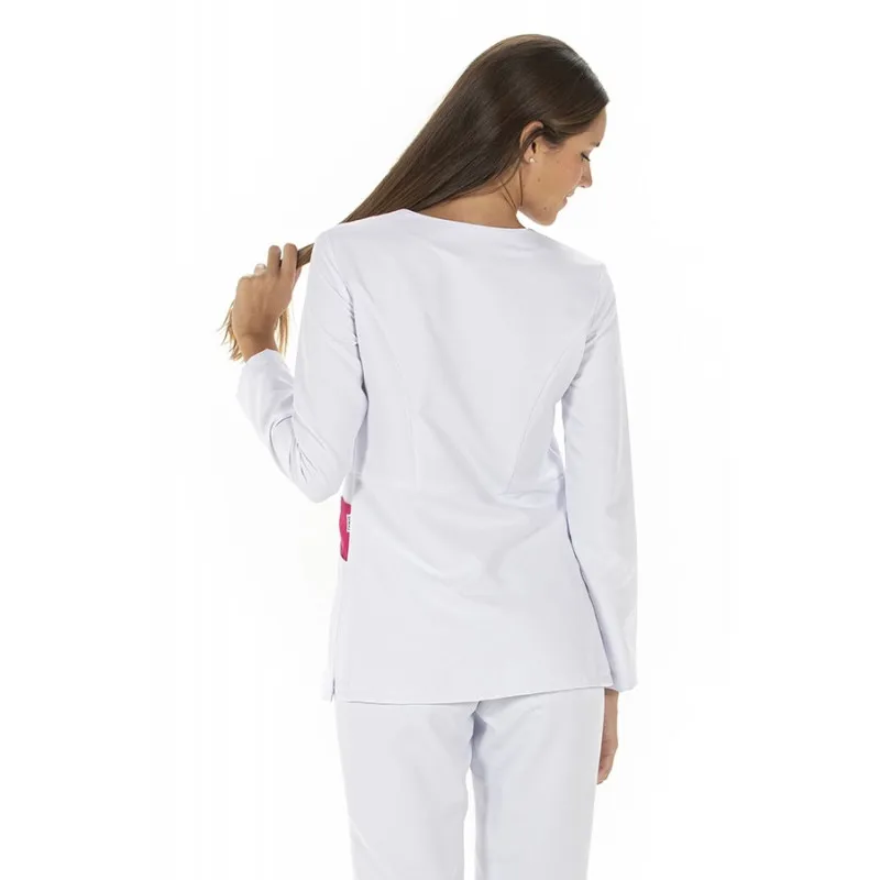 CHAQUETA LABORAL MICROFIBRA DE MUJER MANGA LARGA BLANCA Y FUCSIA  DYNEKE