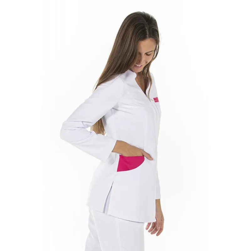 CHAQUETA LABORAL MICROFIBRA DE MUJER MANGA LARGA BLANCA Y FUCSIA  DYNEKE