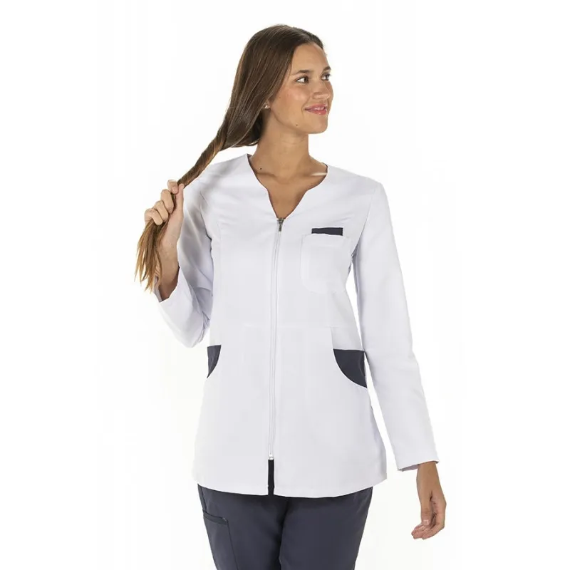 CHAQUETA LABORAL MICROFIBRA DE MUJER MANGA LARGA BLANCA Y MARINO  DYNEKE