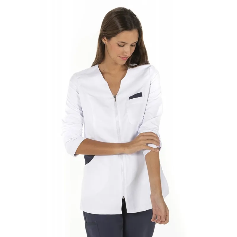 CHAQUETA LABORAL MICROFIBRA DE MUJER MANGA LARGA BLANCA Y MARINO  DYNEKE