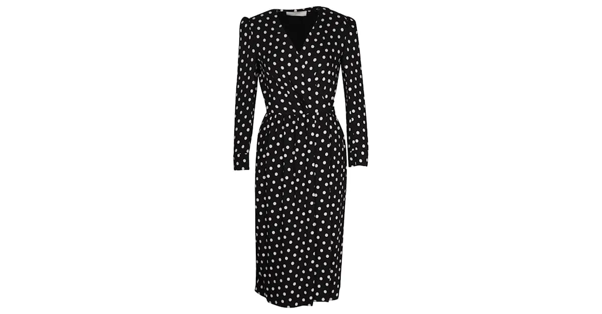 Céline Vestido midi con estampado de lunares Celine en viscosa negra 
