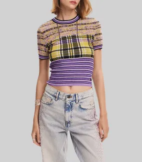 Desigual Playera cuello redondo manga corta con rayas y cuadros Mujer