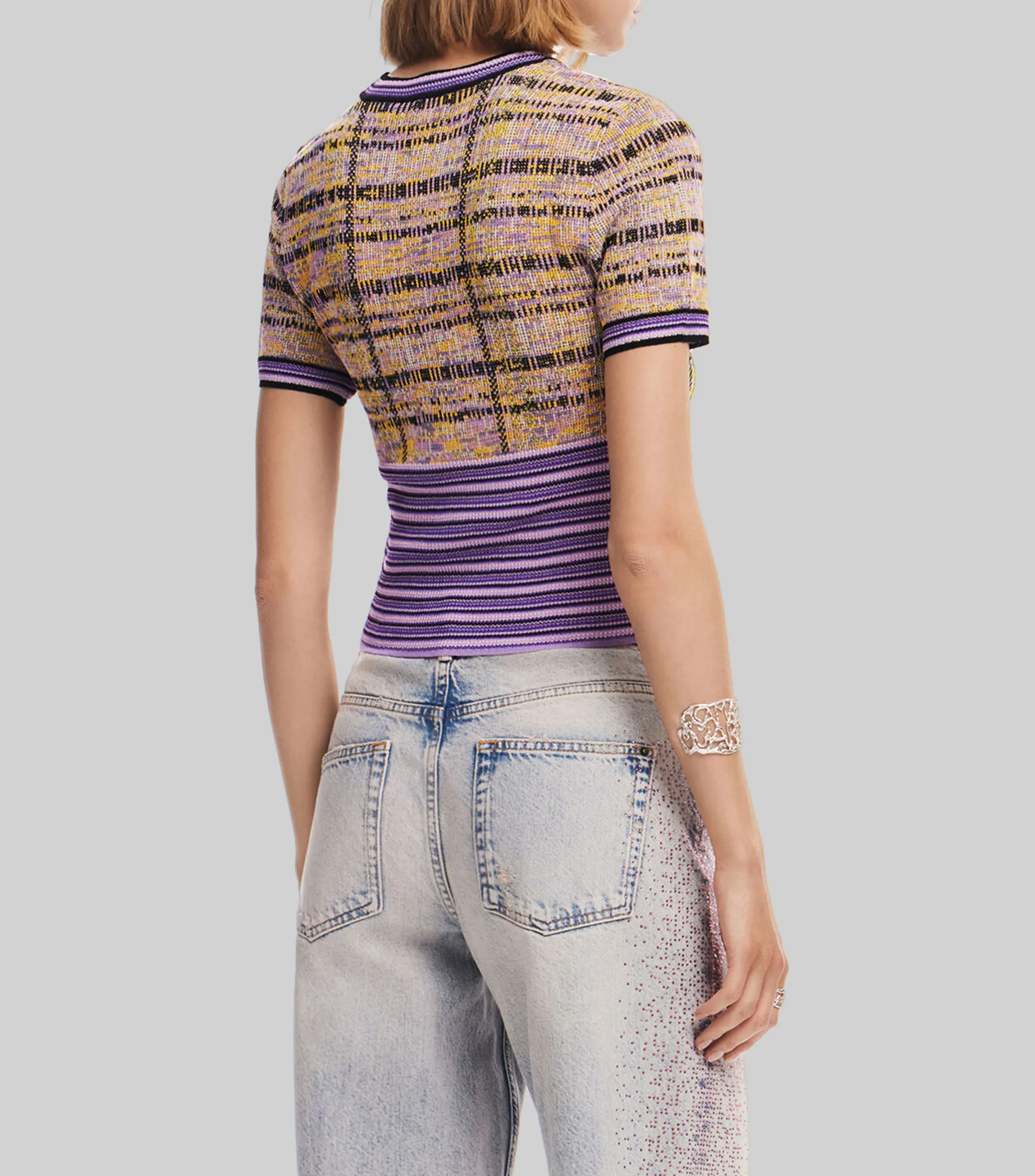 Desigual Playera cuello redondo manga corta con rayas y cuadros Mujer