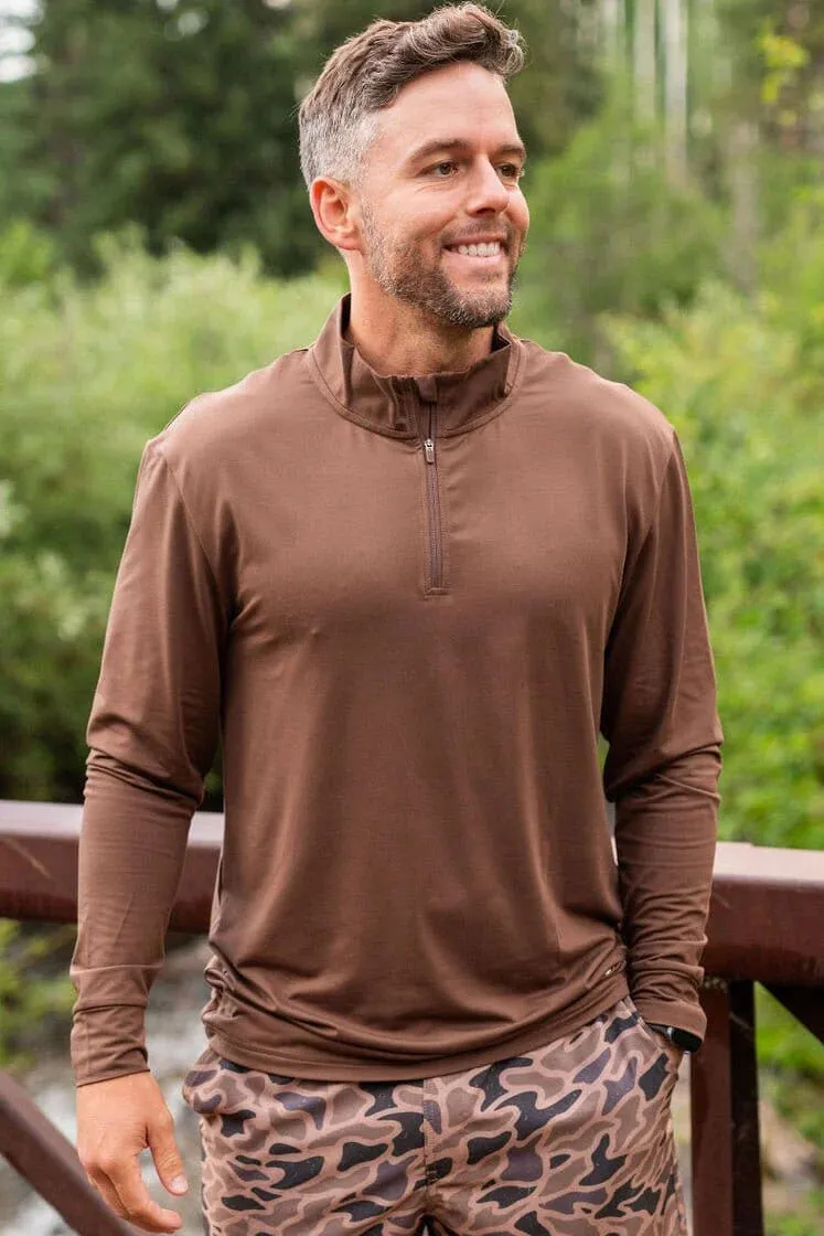 MEN'S BURLEBO PERFORMANCE QUARTER ZIP IN HEATHER BROWN