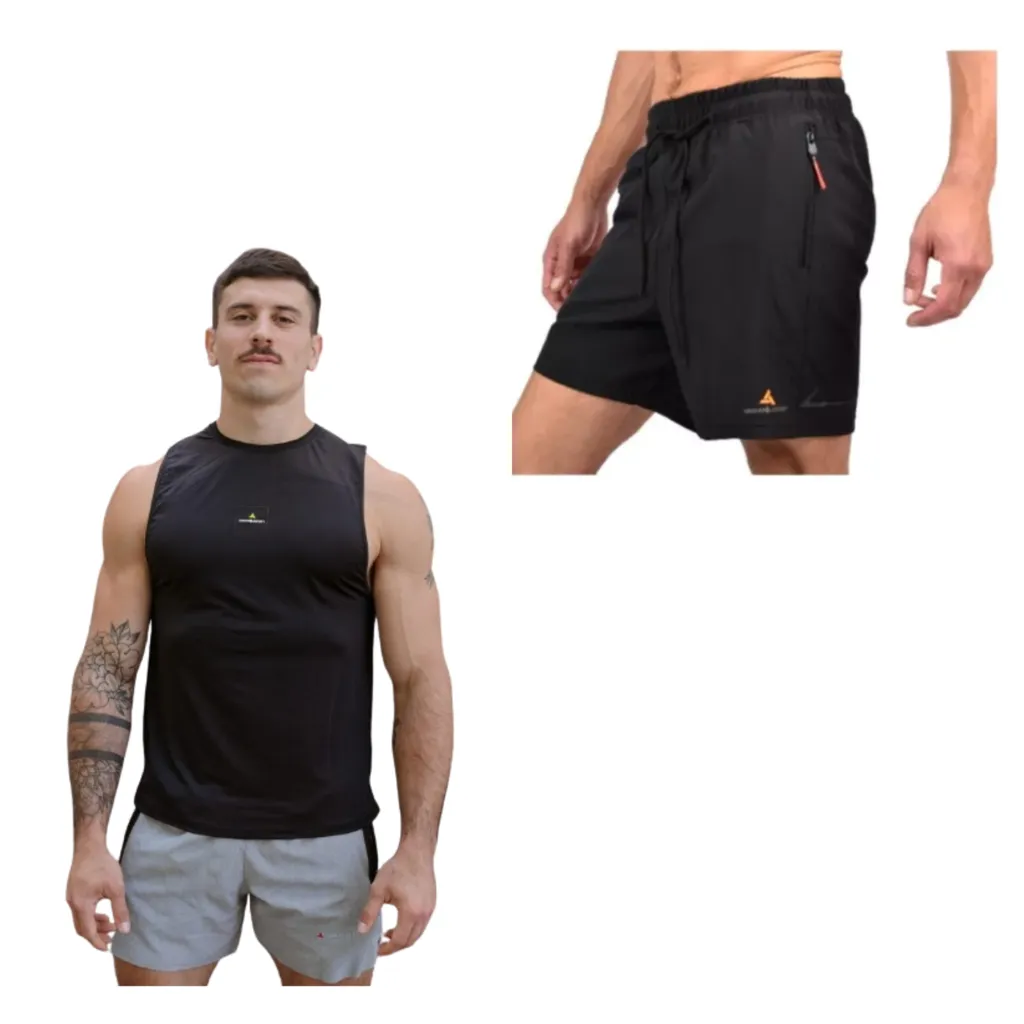 Musculosa Deportiva Negro Muscuproye + Short Microfibra Shmicro Negro