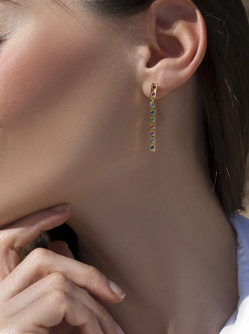 Pendientes largos de plata baados en oro diseo multicolor