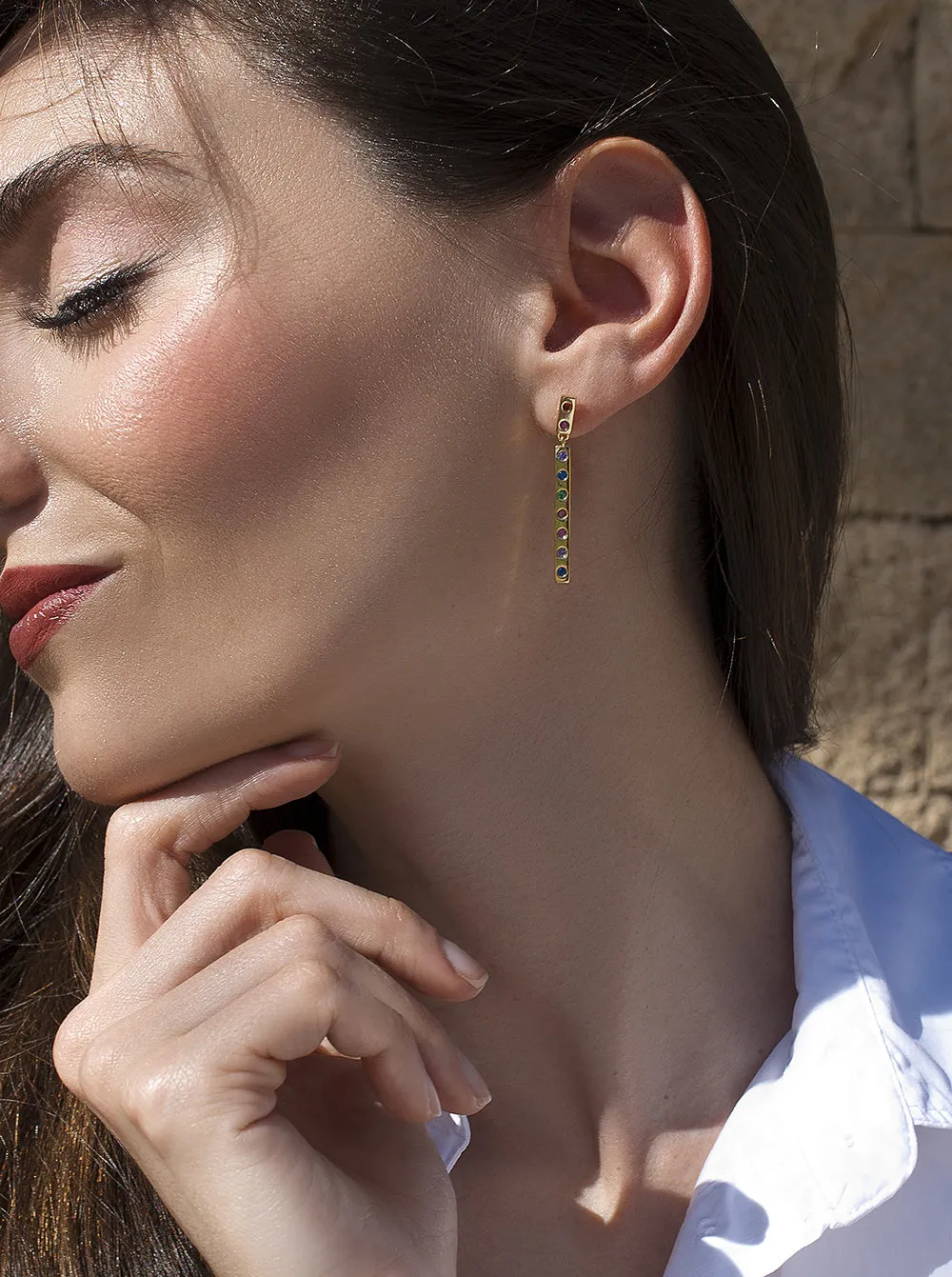 Pendientes largos de plata baados en oro diseo multicolor