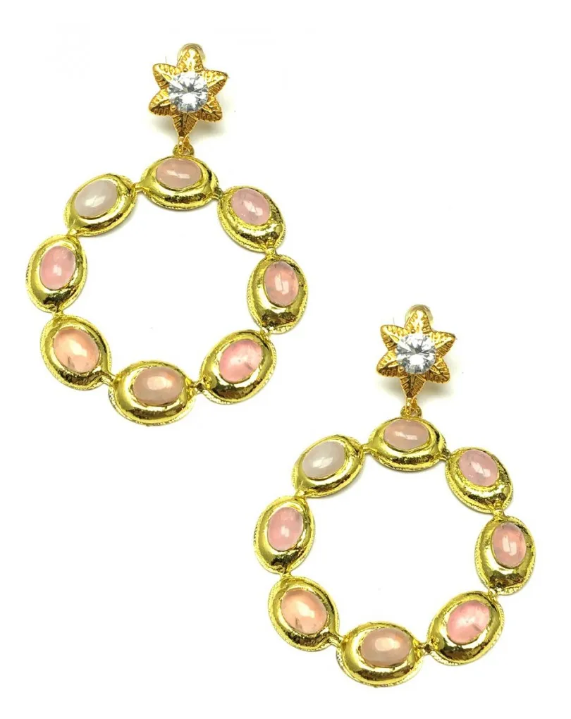 PENDIENTES MUJER REDONDOS CON PIEDRAS CUARZO ROSA  PENDIENTES ALTA BISUTERIA