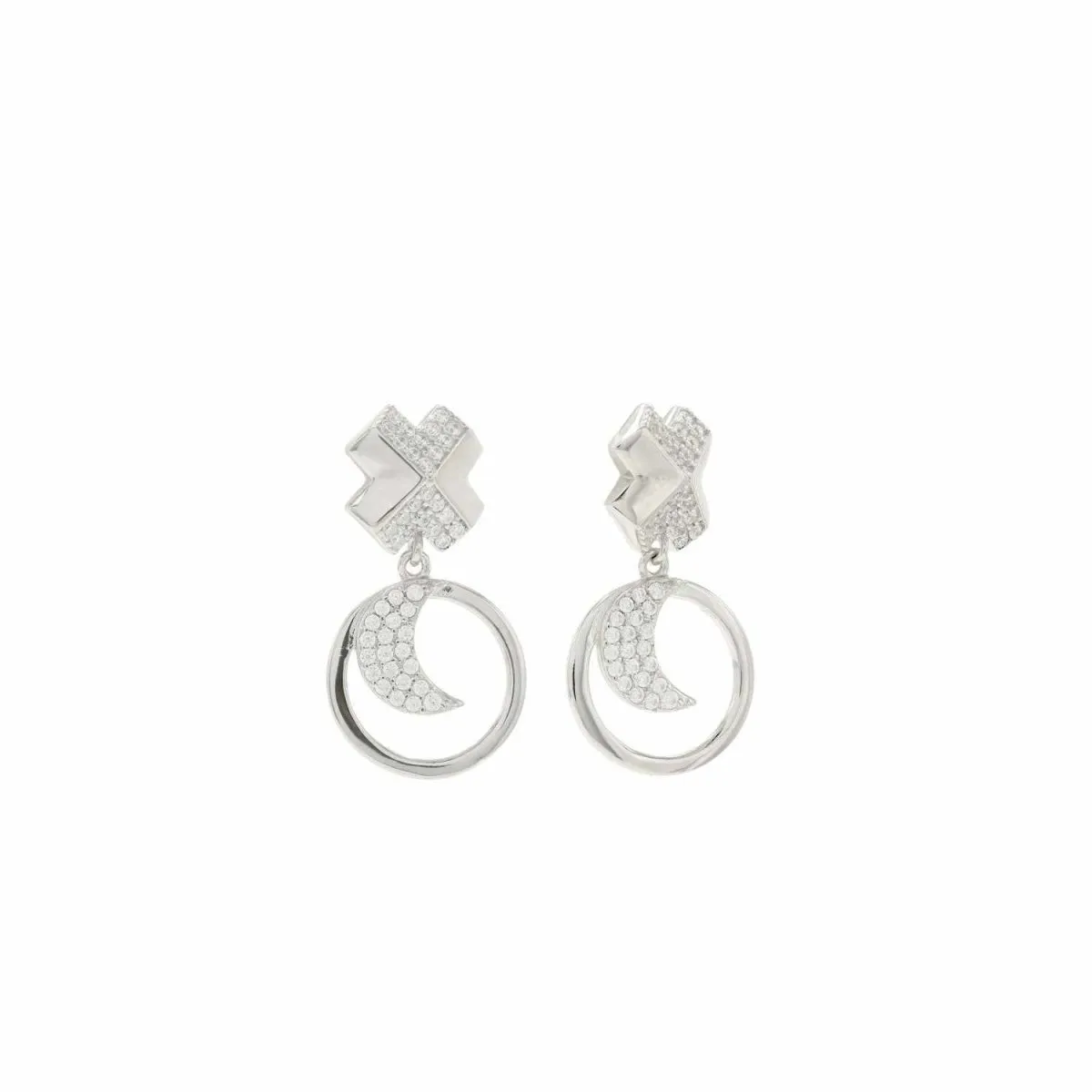 Pendientes plata y circonitas móviles con motivo de circulo y luna