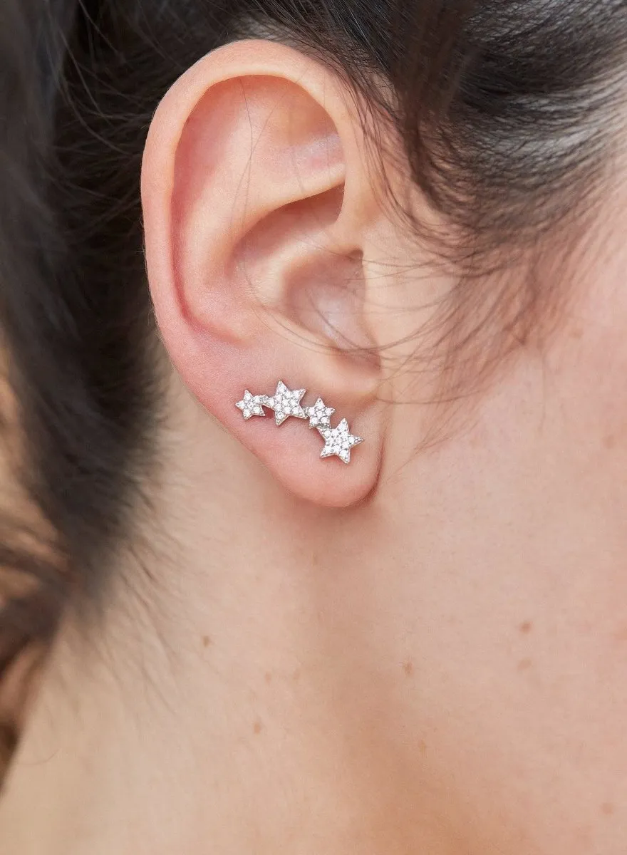 Pendientes trepadores de plata con motivo de estrellas con circonitas