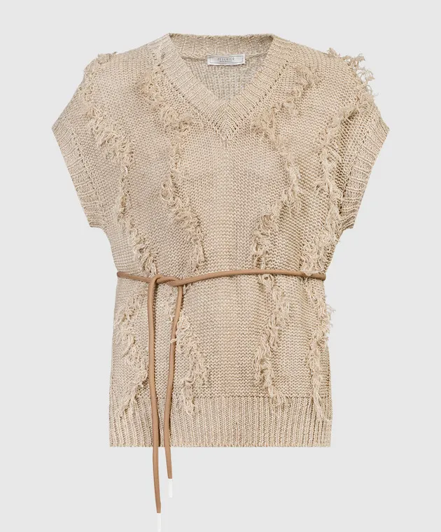Peserico Beige linen waistcoat with fringe