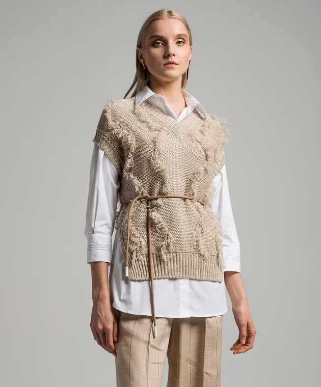 Peserico Beige linen waistcoat with fringe