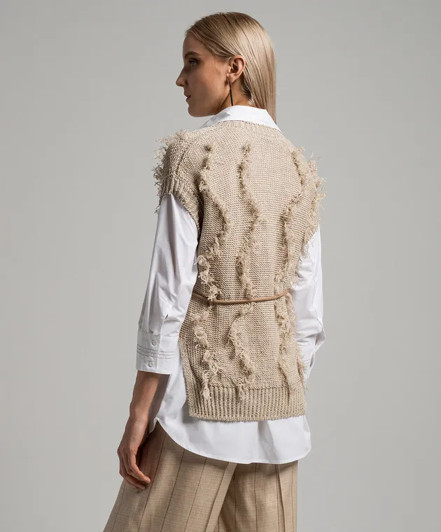 Peserico Beige linen waistcoat with fringe