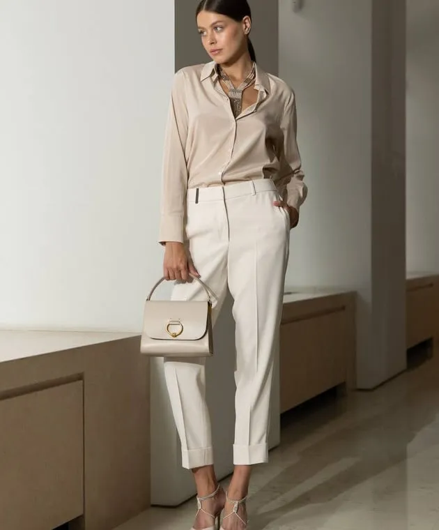 Peserico Beige silk blouse with monil chain