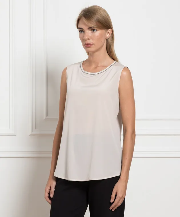 Peserico Beige silk top with monil chain