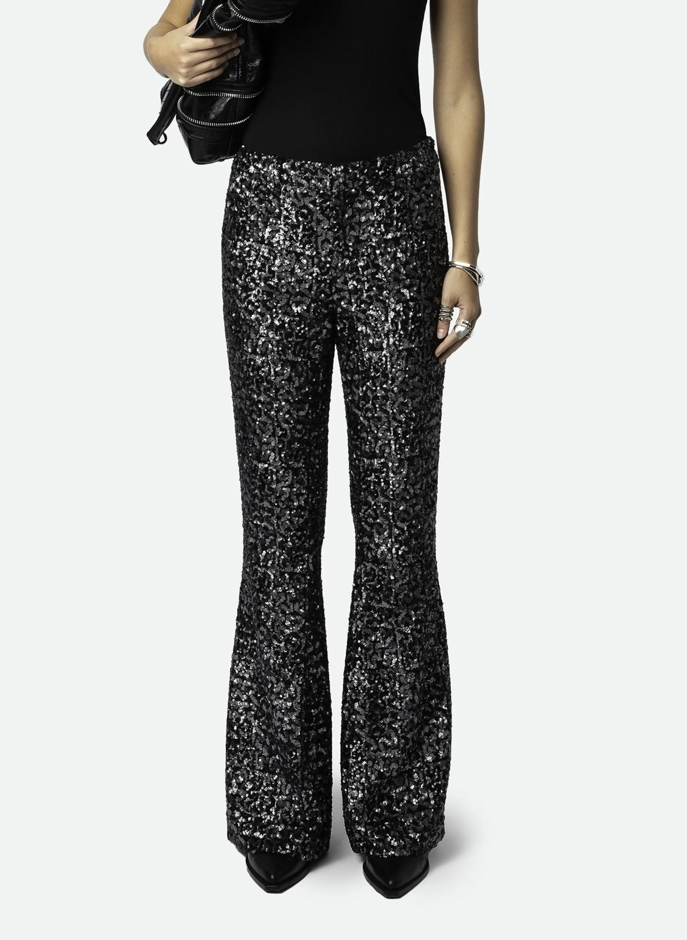 PREVY  PANTALóN ACAMPANADO CON LENTEJUELAS EN NEGRO