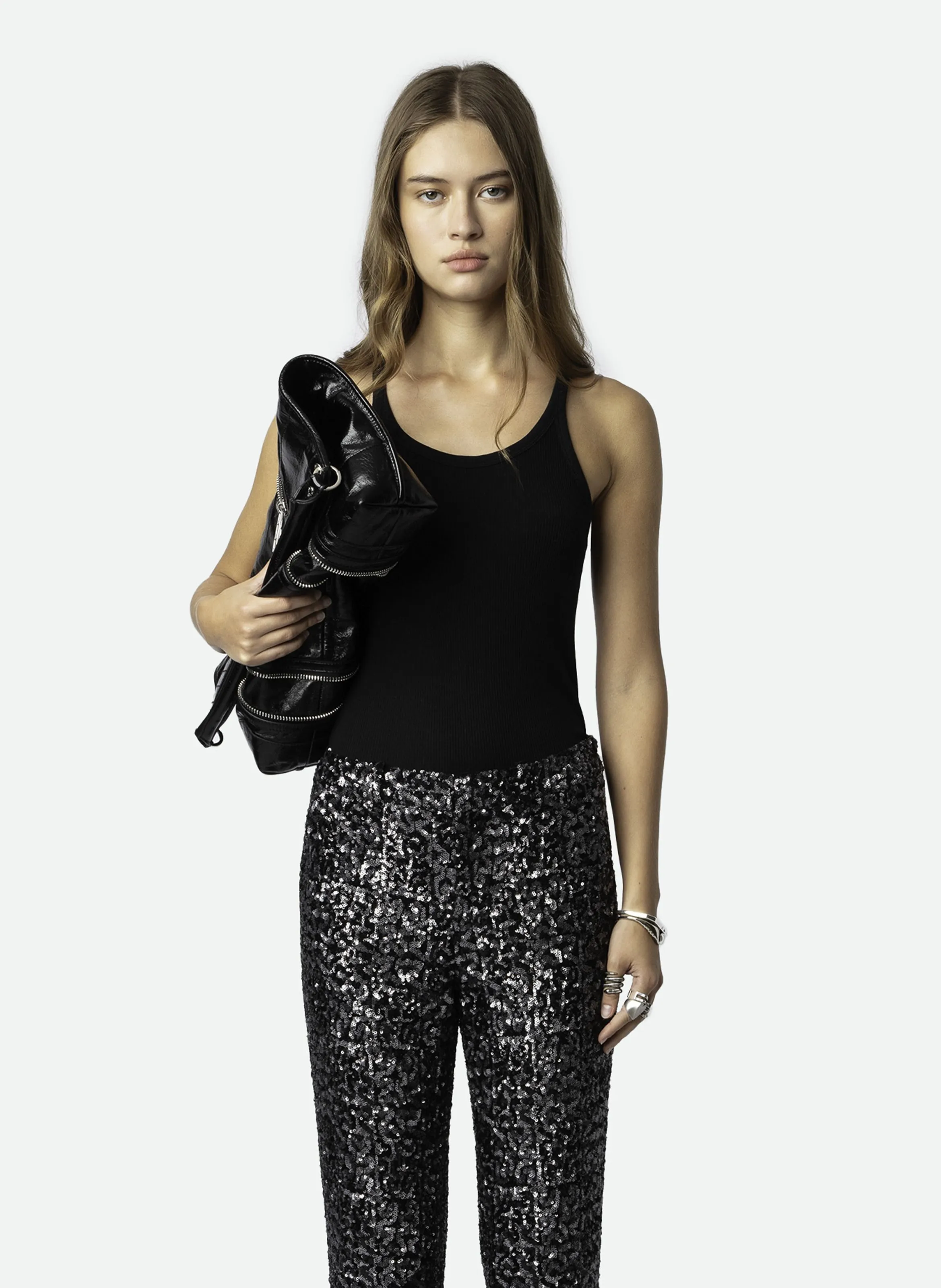 PREVY  PANTALóN ACAMPANADO CON LENTEJUELAS EN NEGRO