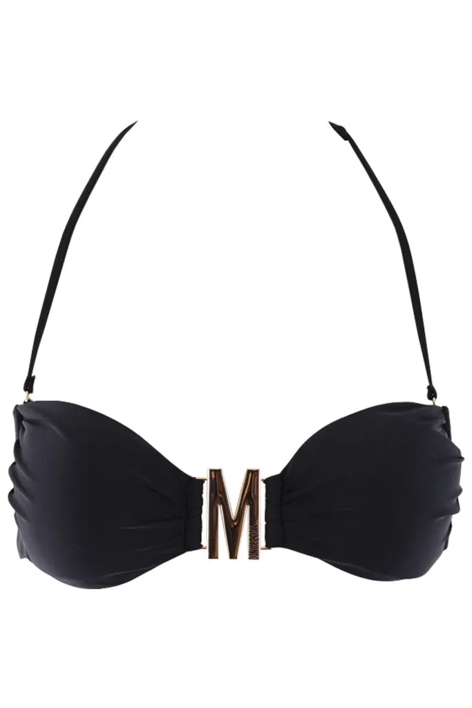 Top de bikini negro con logo M en dorado